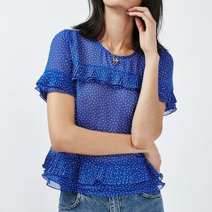 TopShop Pinspot Dot Pleat Ruffle Blue Top 4 NEW